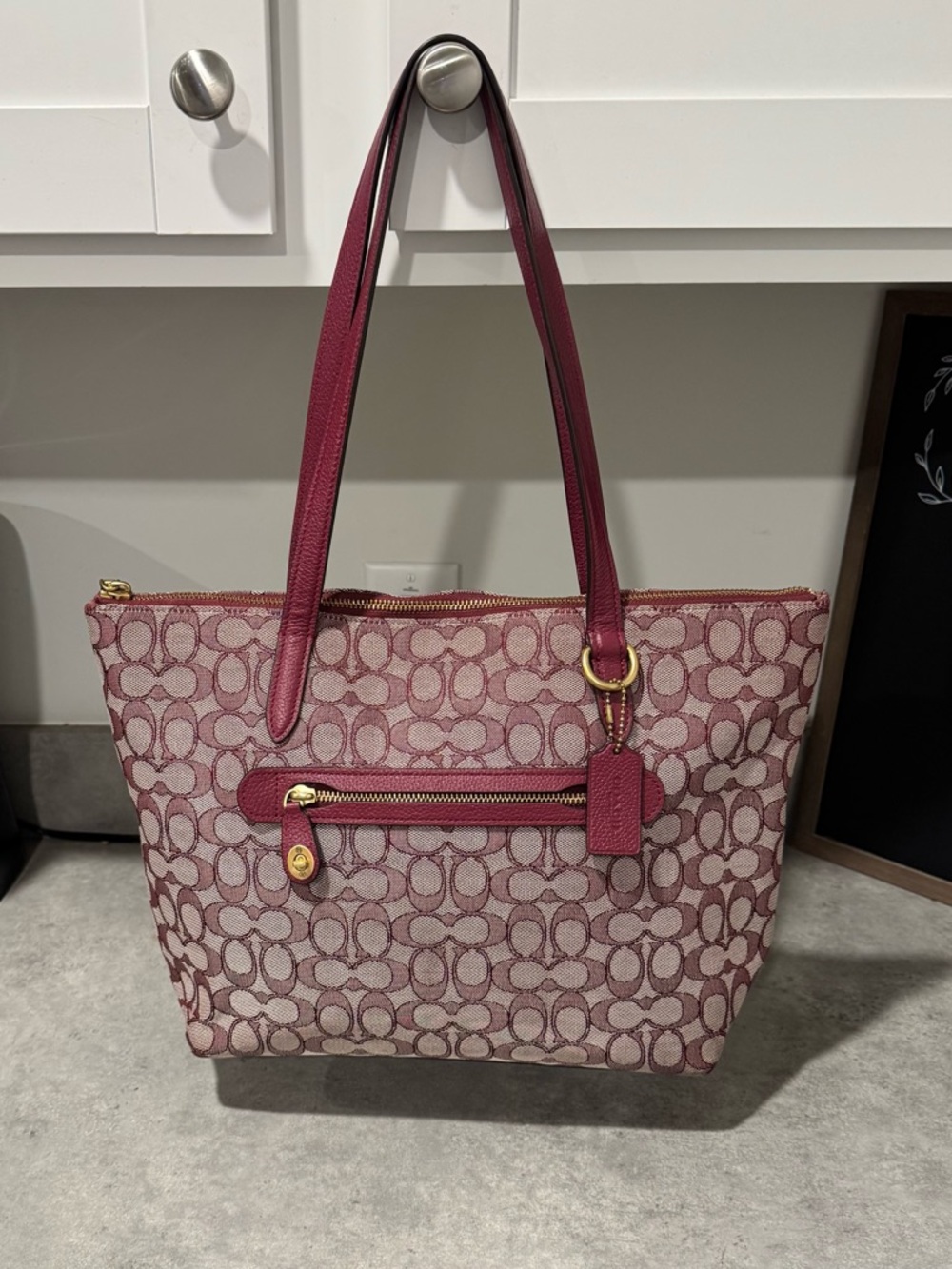 Coach Signature Jacquard Zip Tote Bag with Burgundy Leather Trim (Style 5106) - Picture 1 of 10